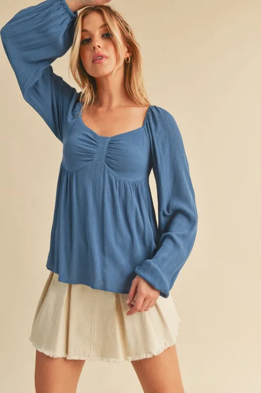 Aemi   Co Ruched Sweetheart Neck Balloon Sleeve Blouse