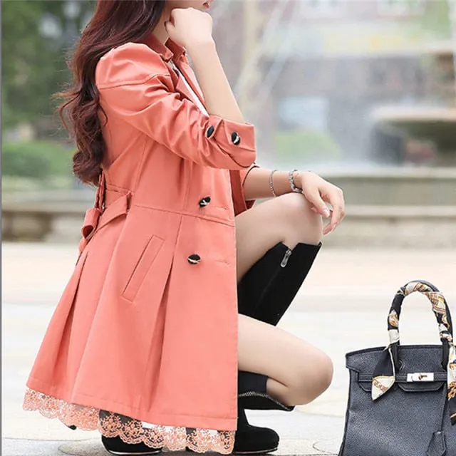 Basic Jacket Women Fashion Loose Winter Warm Long Sleeve Button Lace Jacket Coat With Belt Lady Elegant Windbreaker