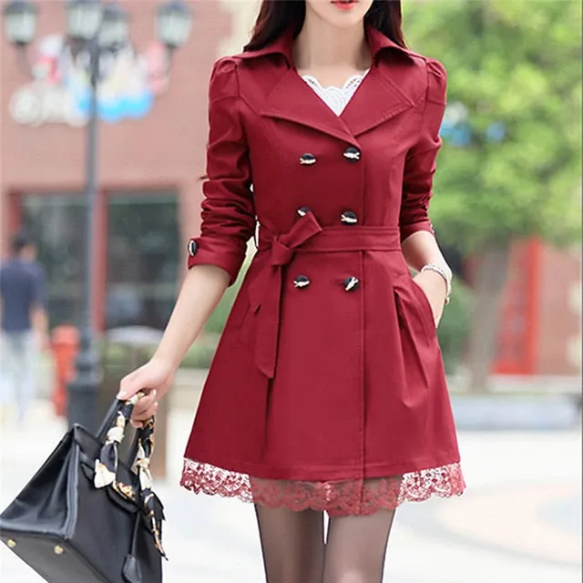 Basic Jacket Women Fashion Loose Winter Warm Long Sleeve Button Lace Jacket Coat With Belt Lady Elegant Windbreaker