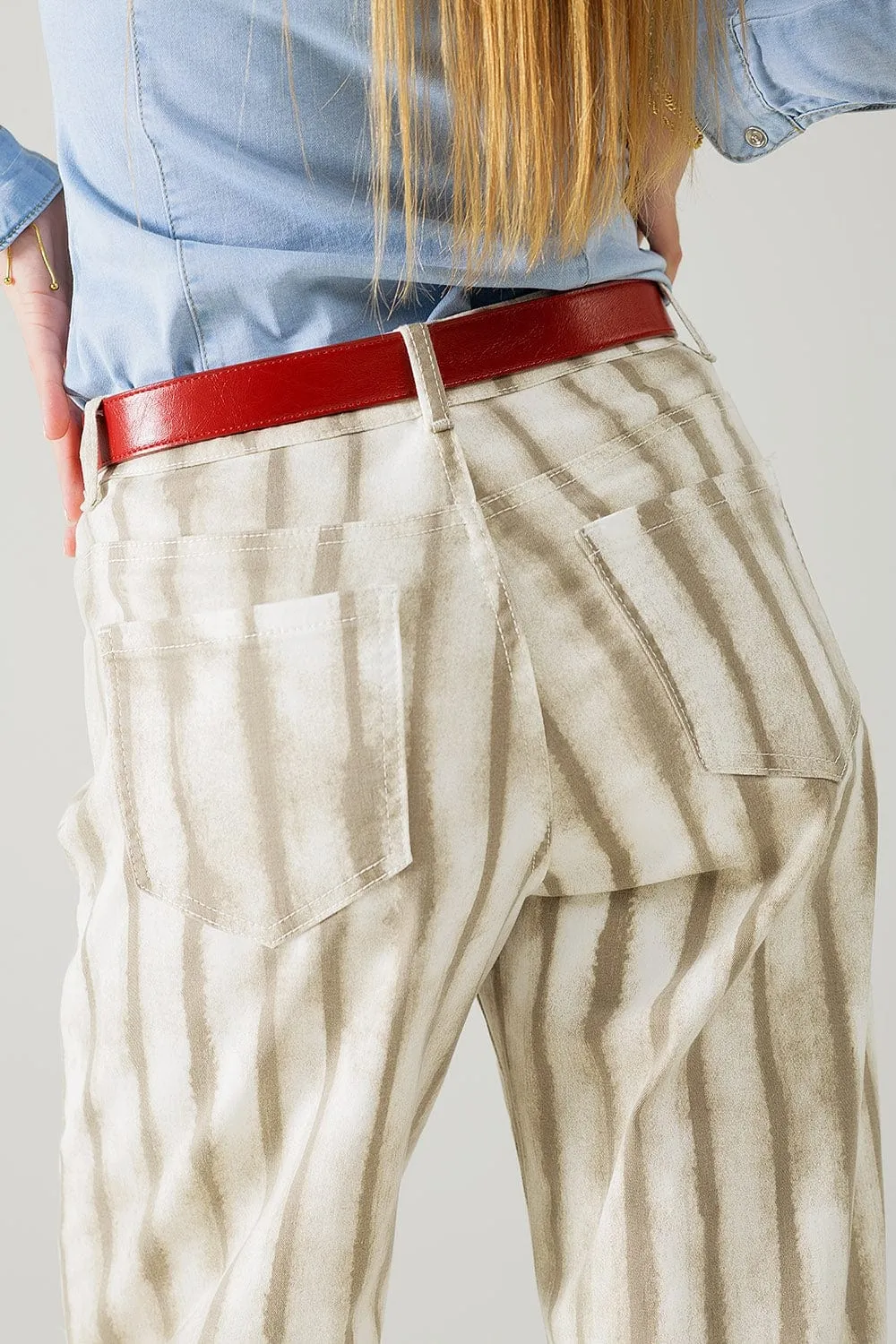 Beige Wide Leg Elastic Striped Pants