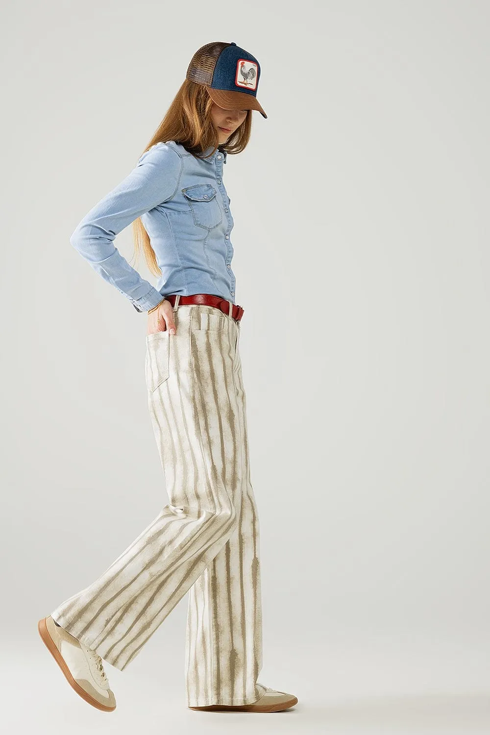 Beige Wide Leg Elastic Striped Pants