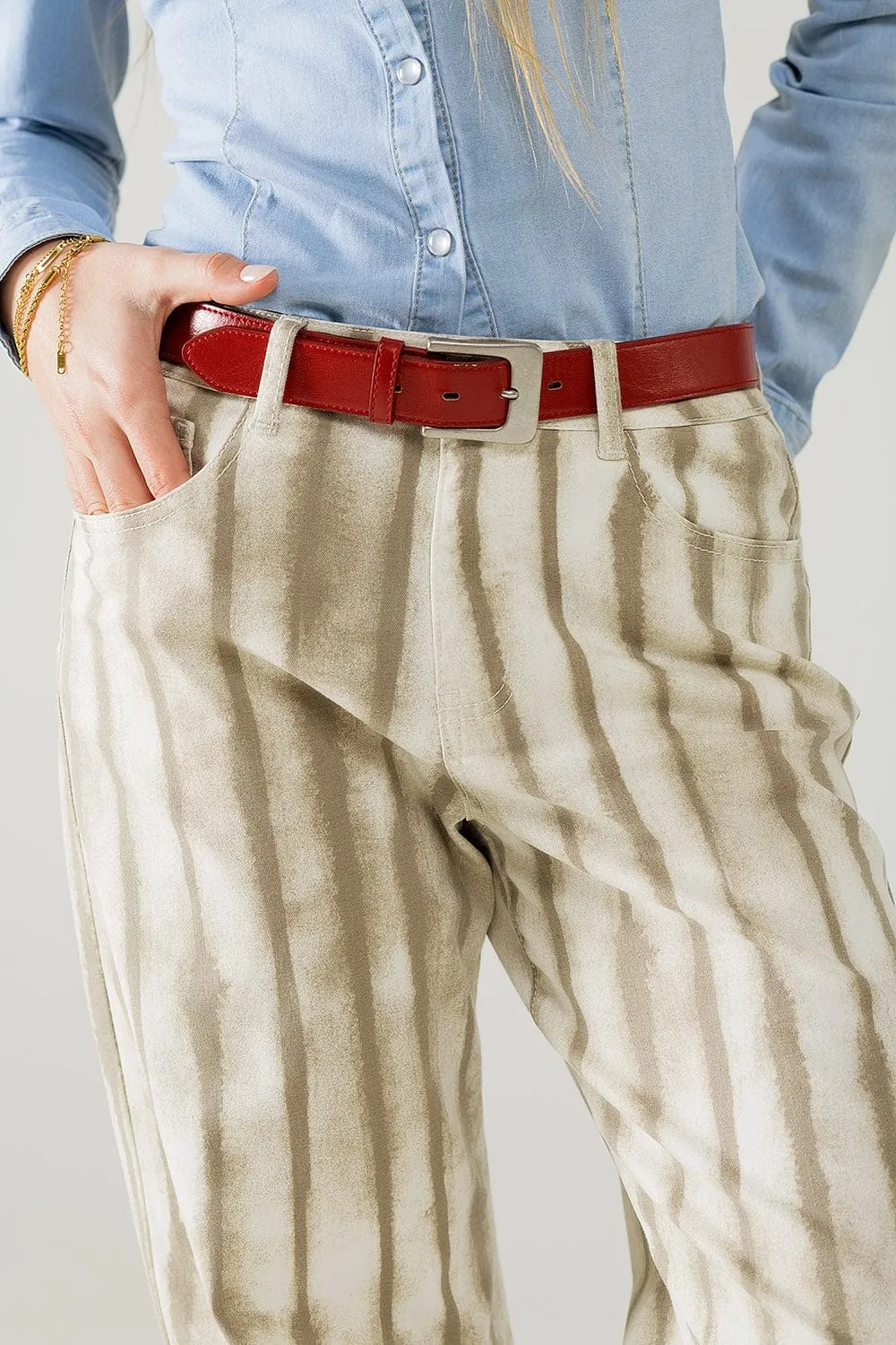 Beige Wide Leg Elastic Striped Pants