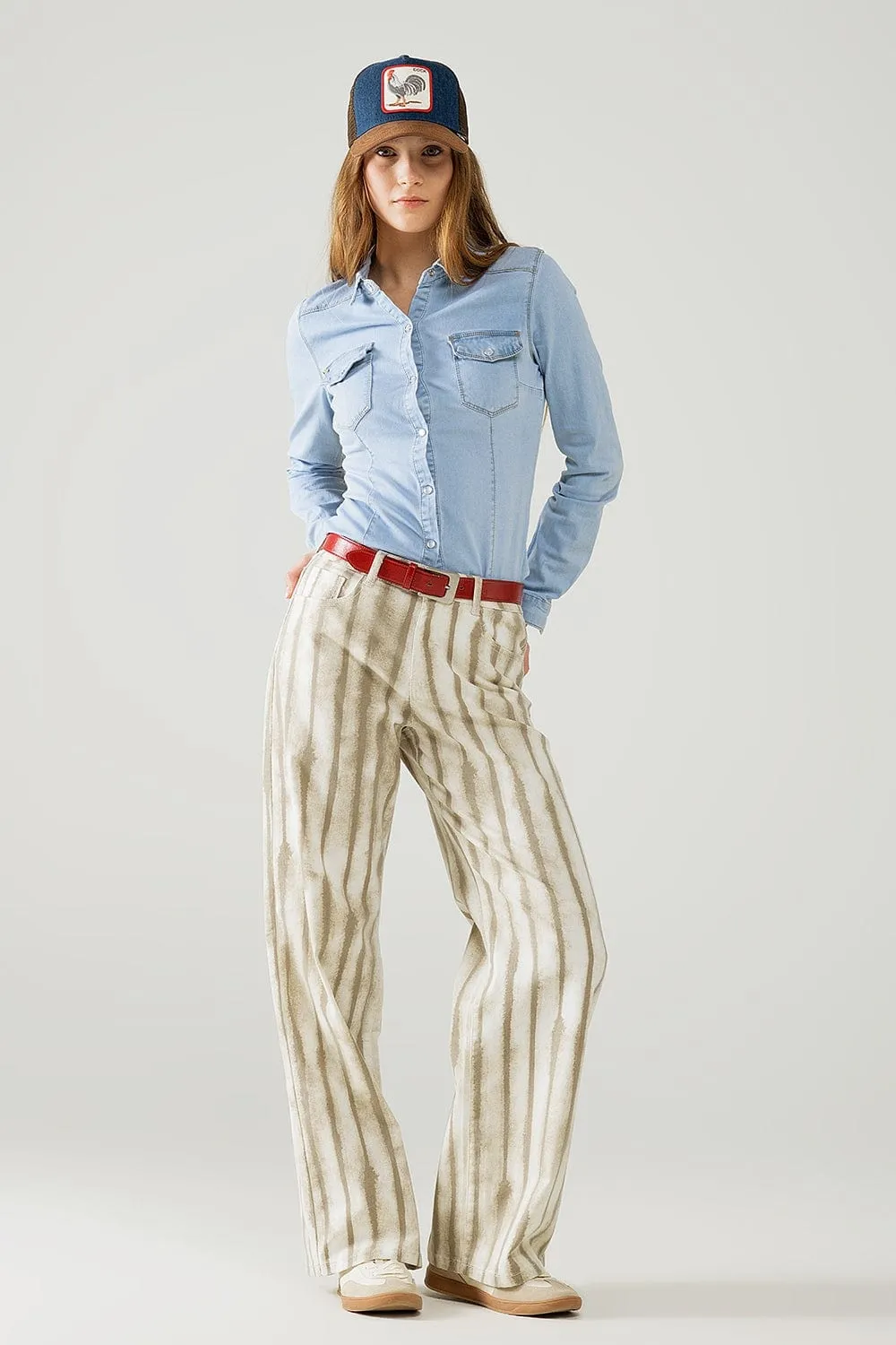 Beige Wide Leg Elastic Striped Pants