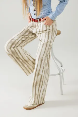 Beige Wide Leg Elastic Striped Pants