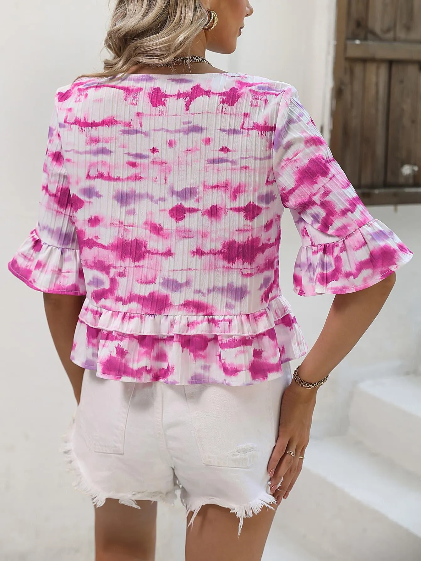 Best Summer Peplum V Neck Pink Tie Dye Blouse