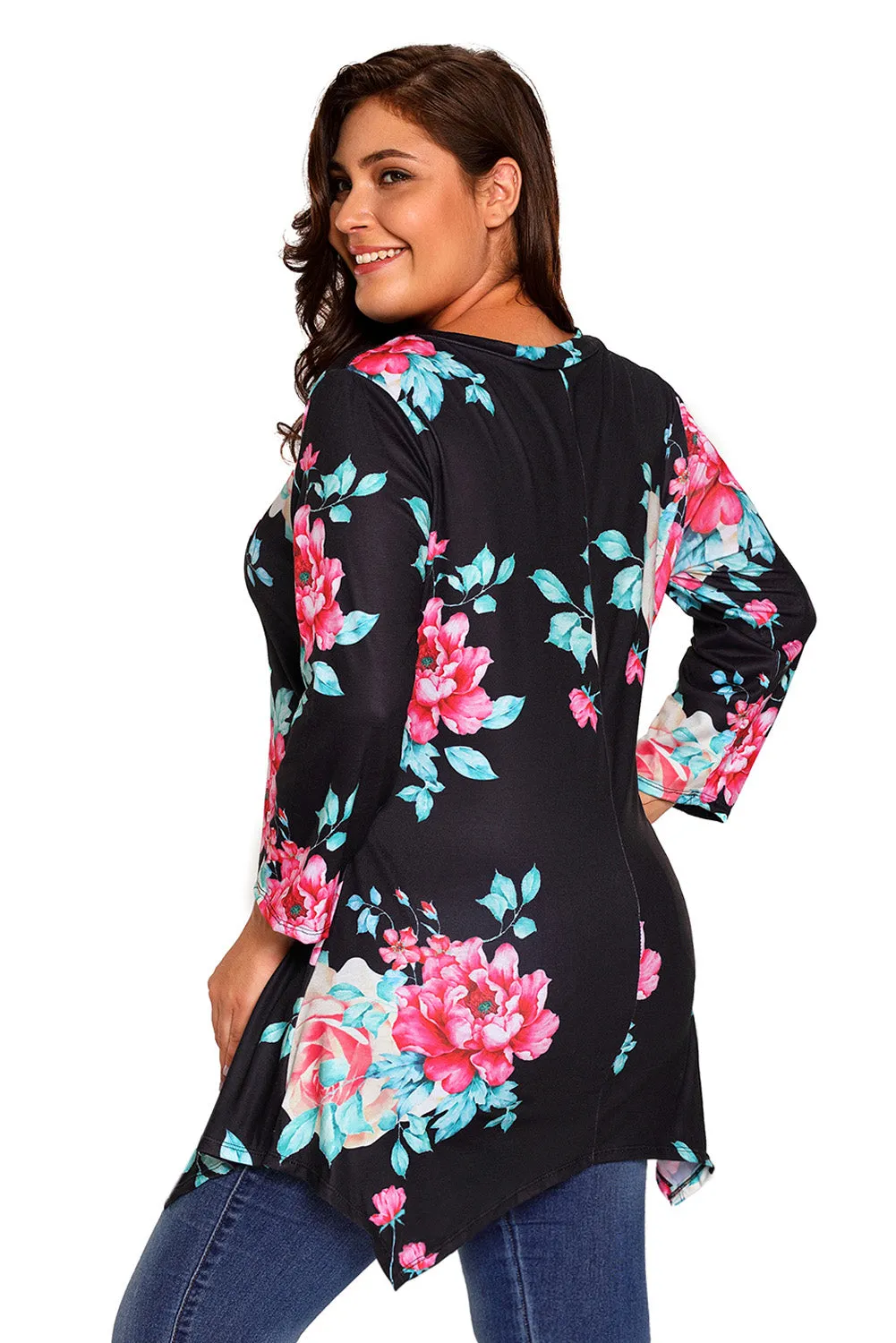 Black Asymmetric Cut Floral Plus Size Top
