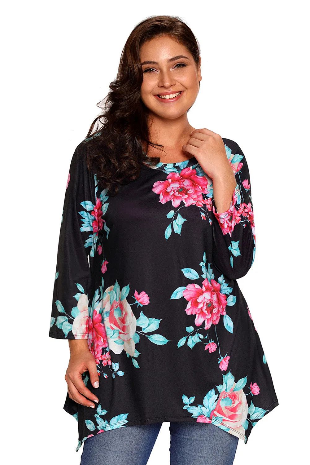Black Asymmetric Cut Floral Plus Size Top