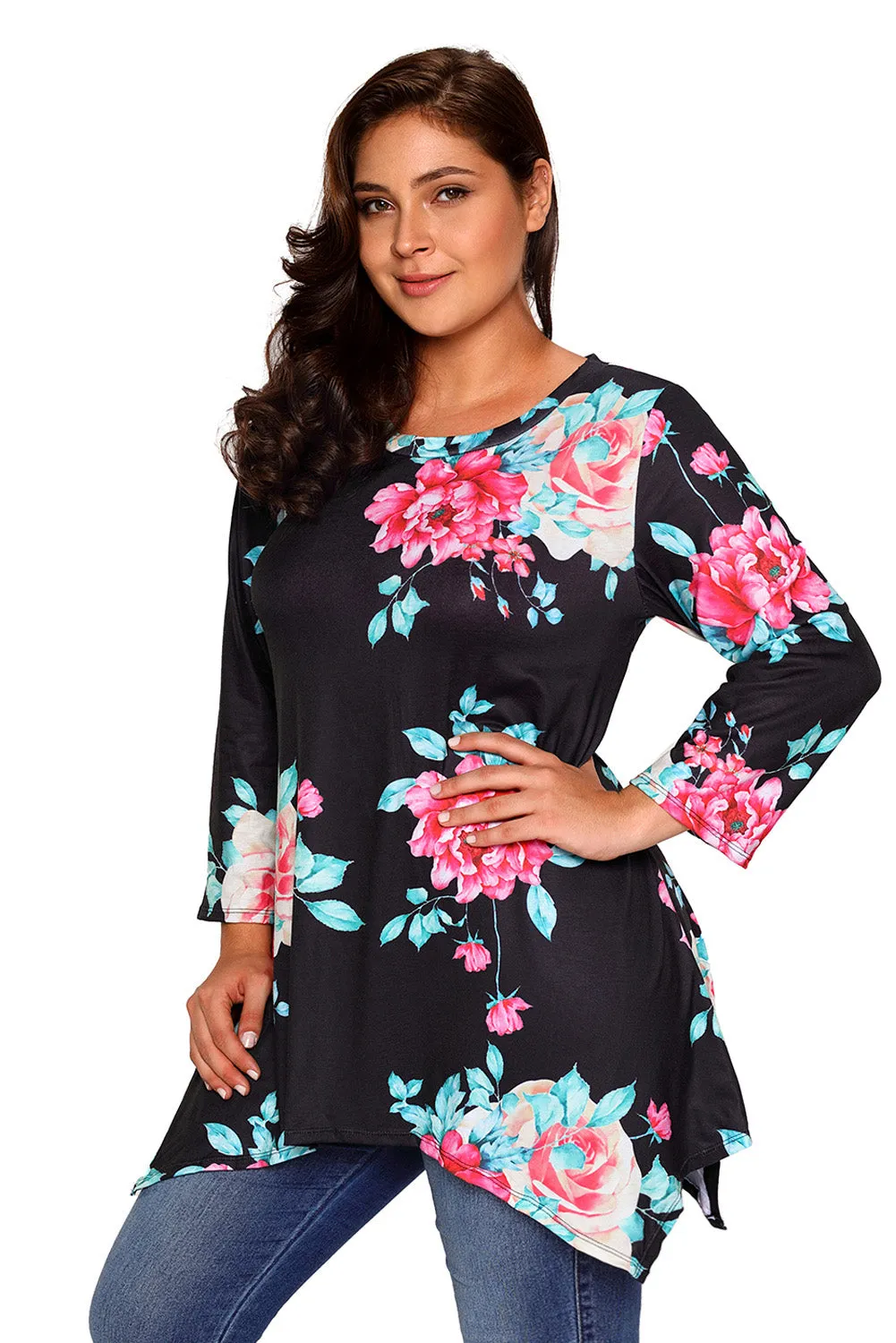Black Asymmetric Cut Floral Plus Size Top