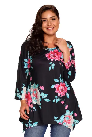Black Asymmetric Cut Floral Plus Size Top