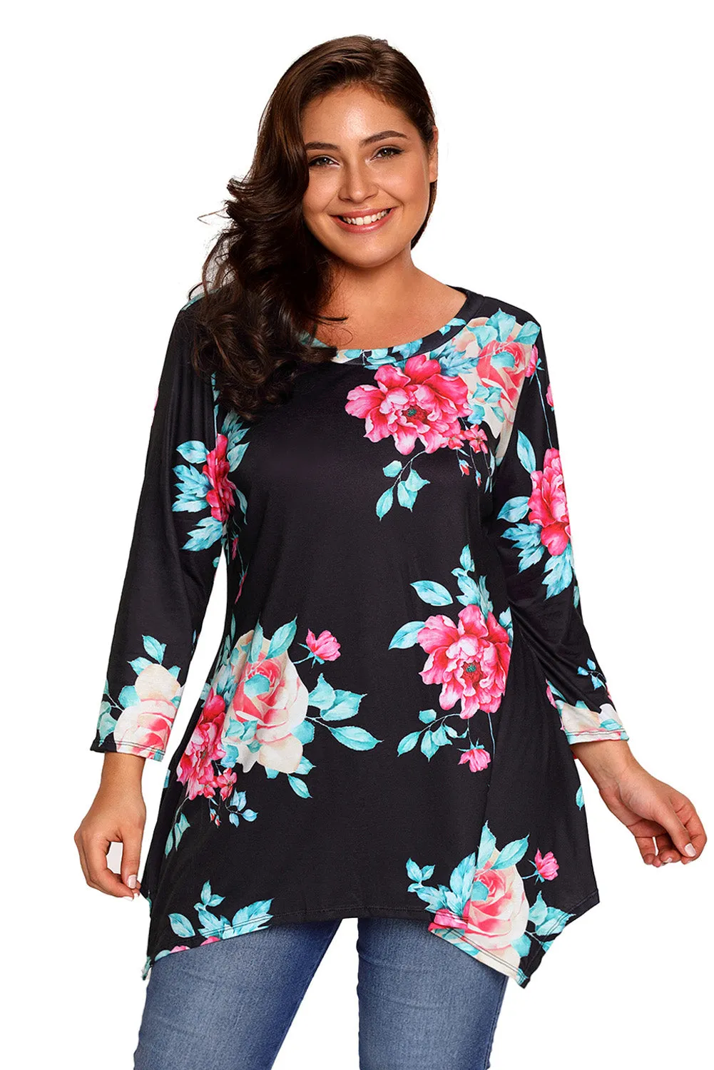 Black Asymmetric Cut Floral Plus Size Top