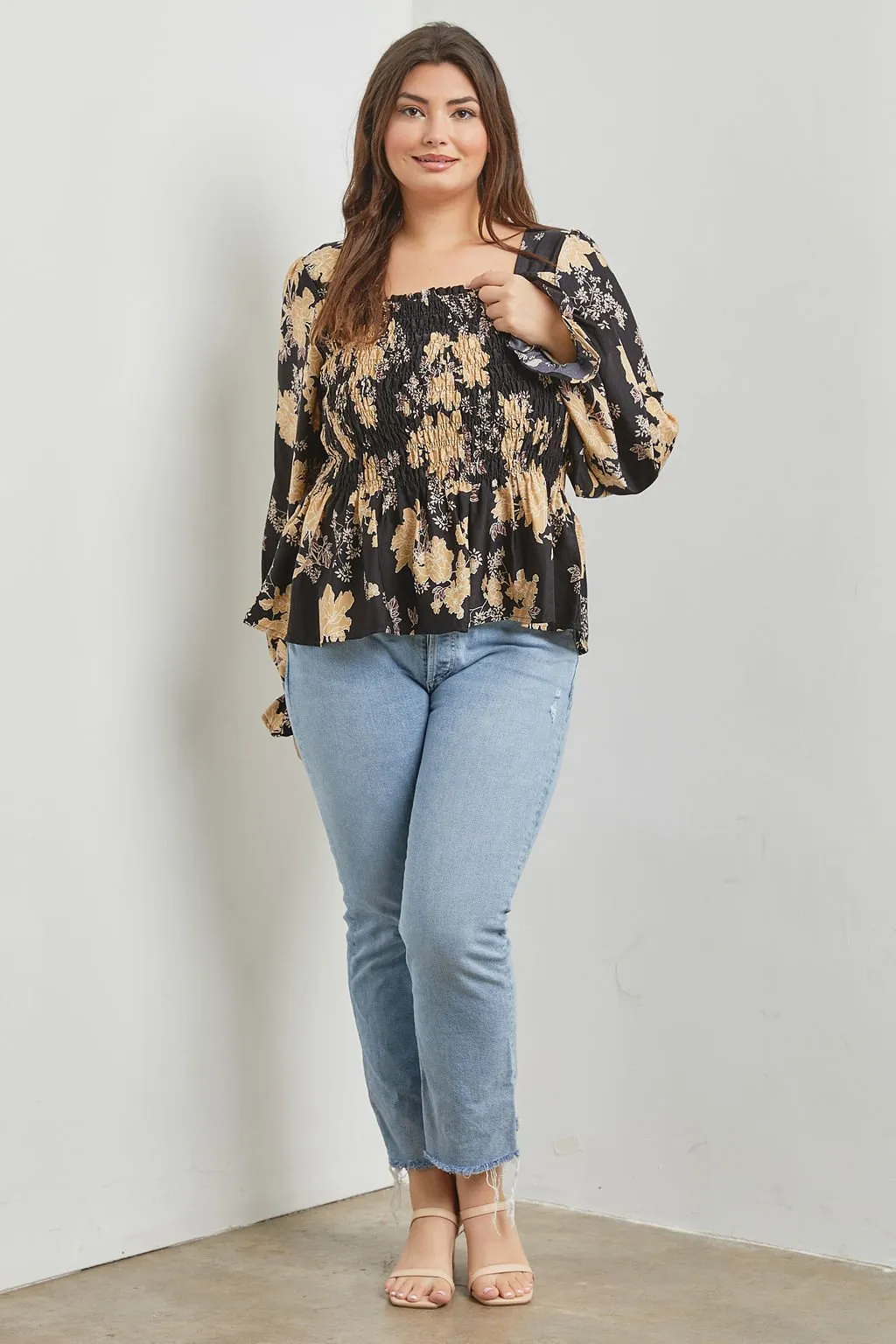 Black Floral Smocked LS Top