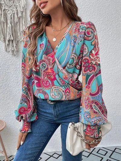 Brilliantly Printed Smocked Lantern Sleeve Blouse