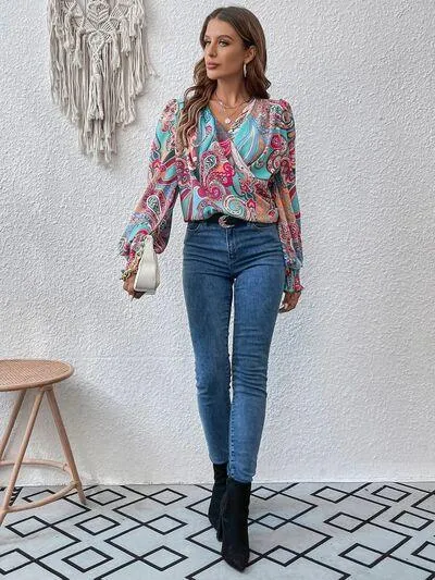 Brilliantly Printed Smocked Lantern Sleeve Blouse