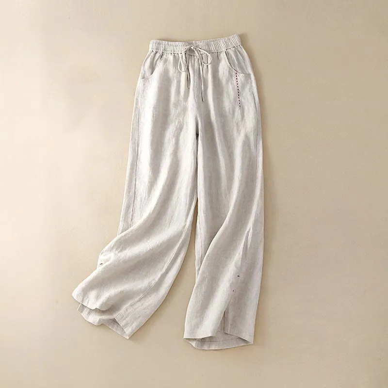 Buddha Stones Casual Cotton High Waist Lace-up Slit Wide Leg Pants With Pockets