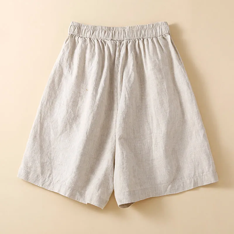 Buddha Stones Fungus Edge Design Drawstring Cotton Linen Women's Shorts With Pockets