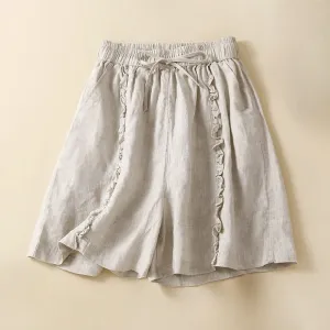 Buddha Stones Fungus Edge Design Drawstring Cotton Linen Women's Shorts With Pockets