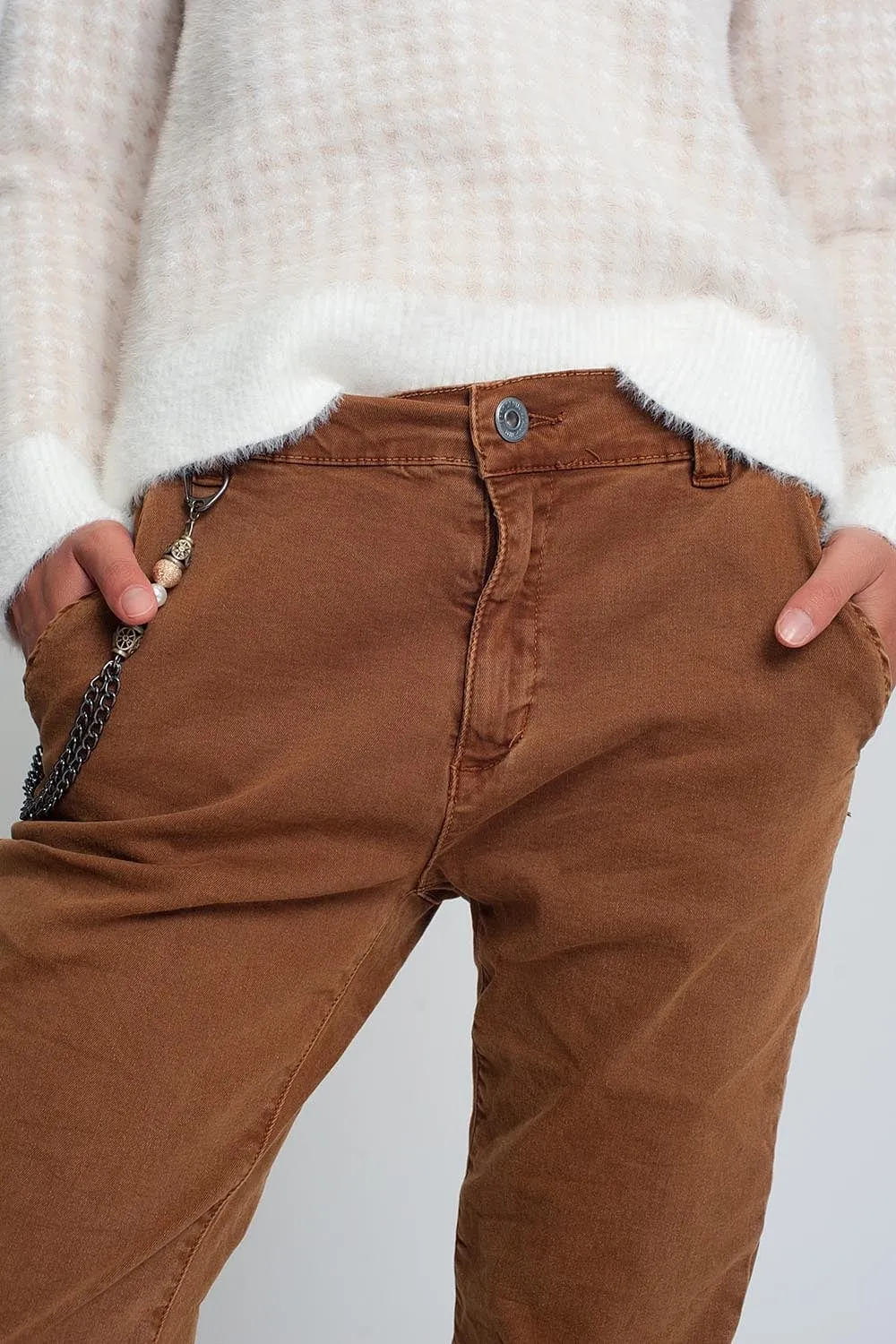 Cuffed Utility Pants With Chain In Brown