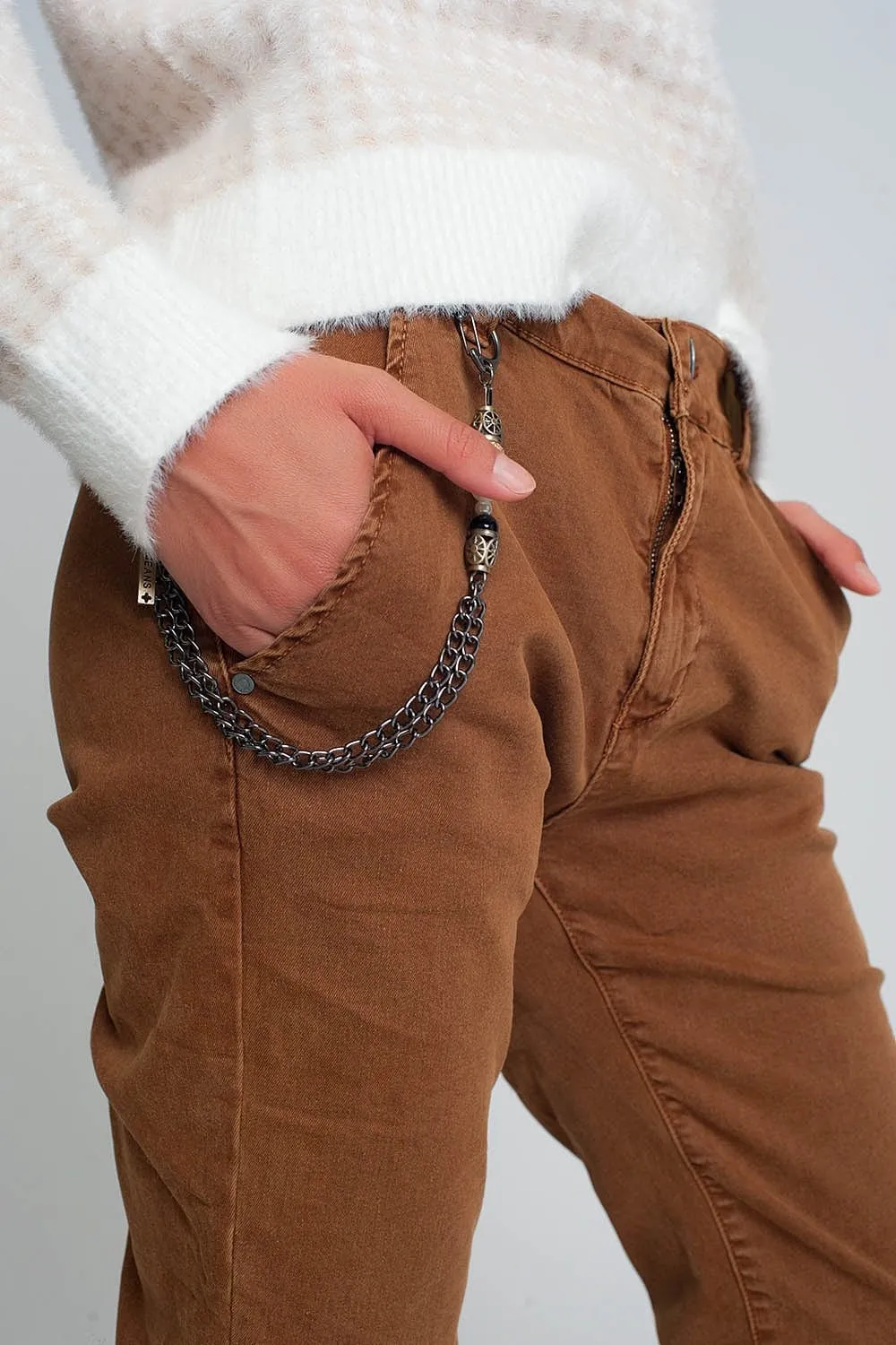 Cuffed Utility Pants With Chain In Brown