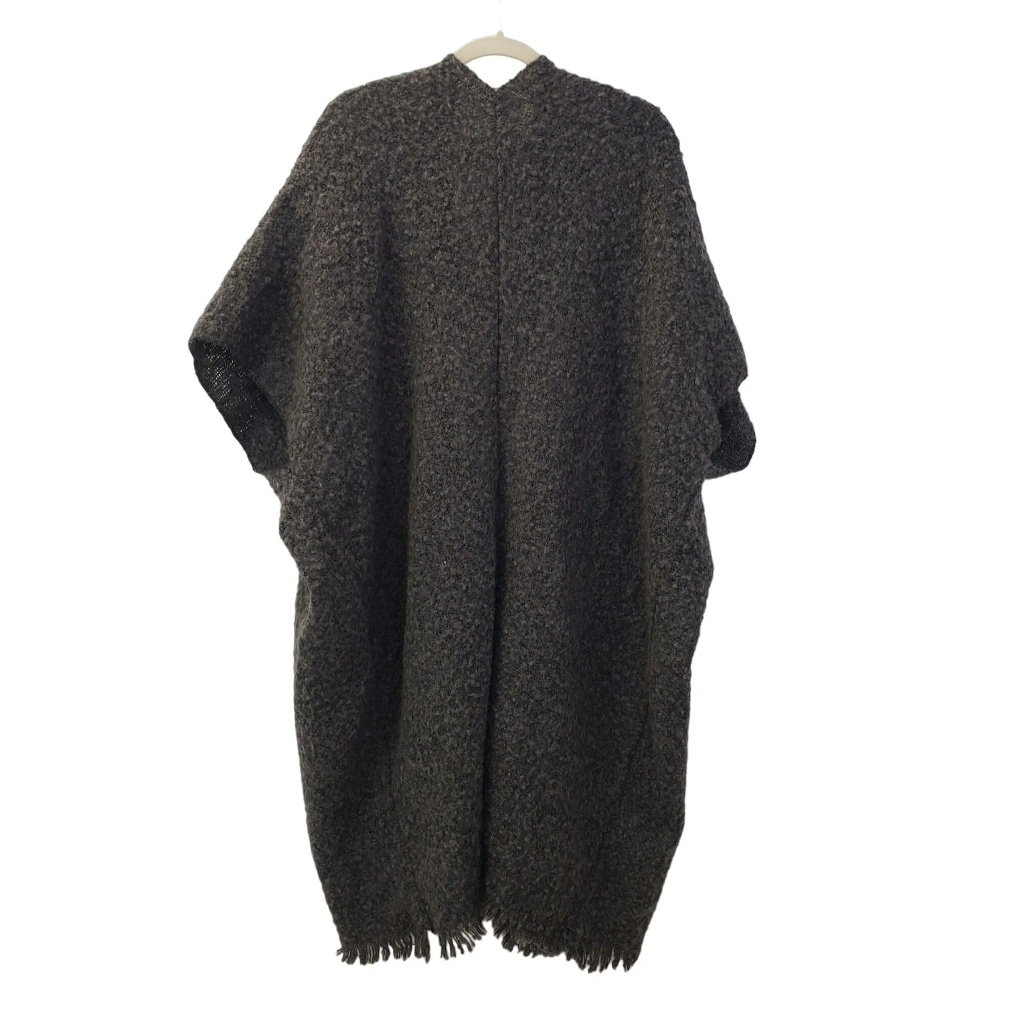 Free People Wool Blend Marled Textured Fringe Trim Poncho Sweater