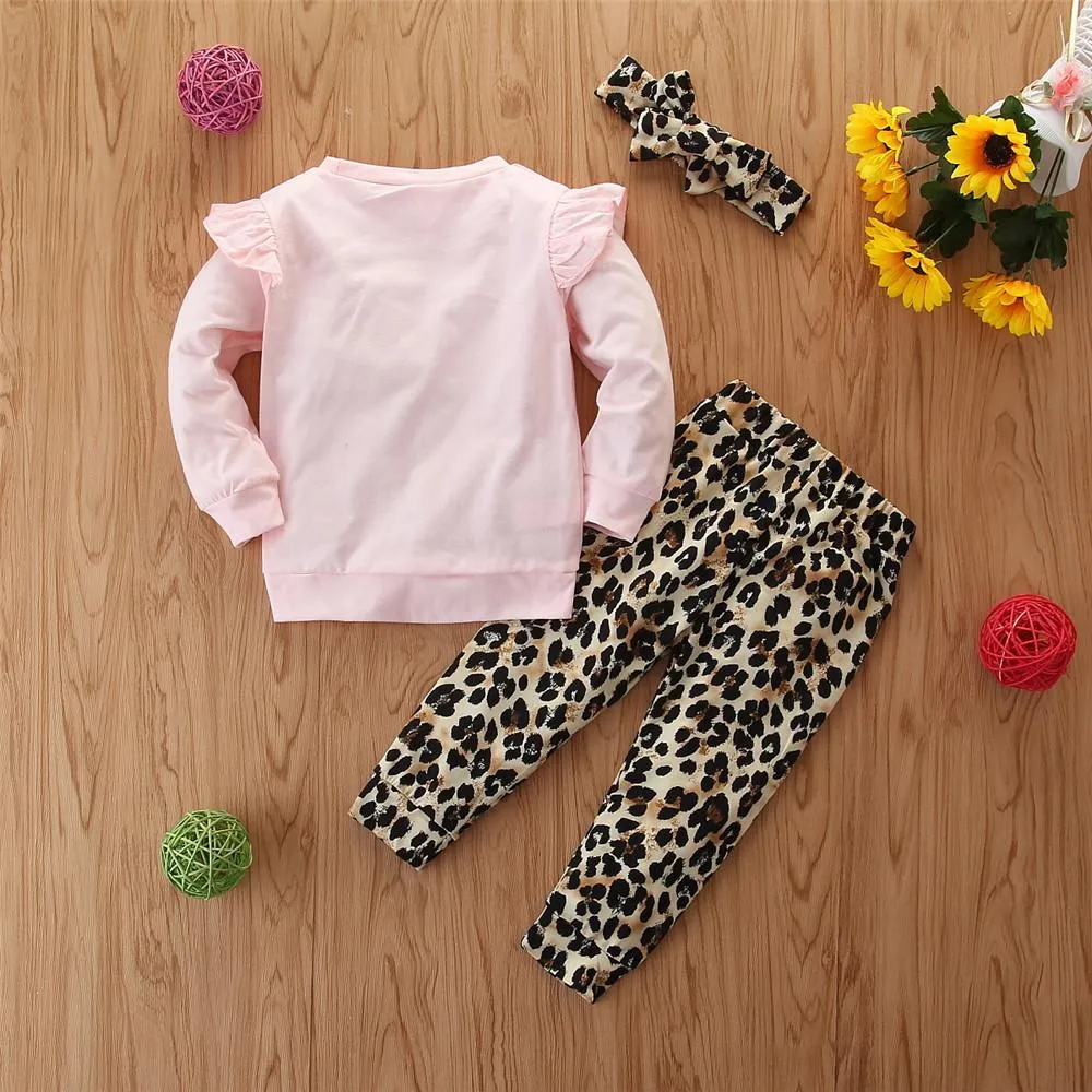 Girls Leopard Printed Long Sleeve T-shirt & Pants & Headband Wholesale