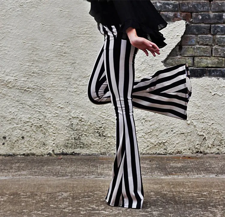 High Waist Striped Slim Elastic Bell-bottomed Long Pants