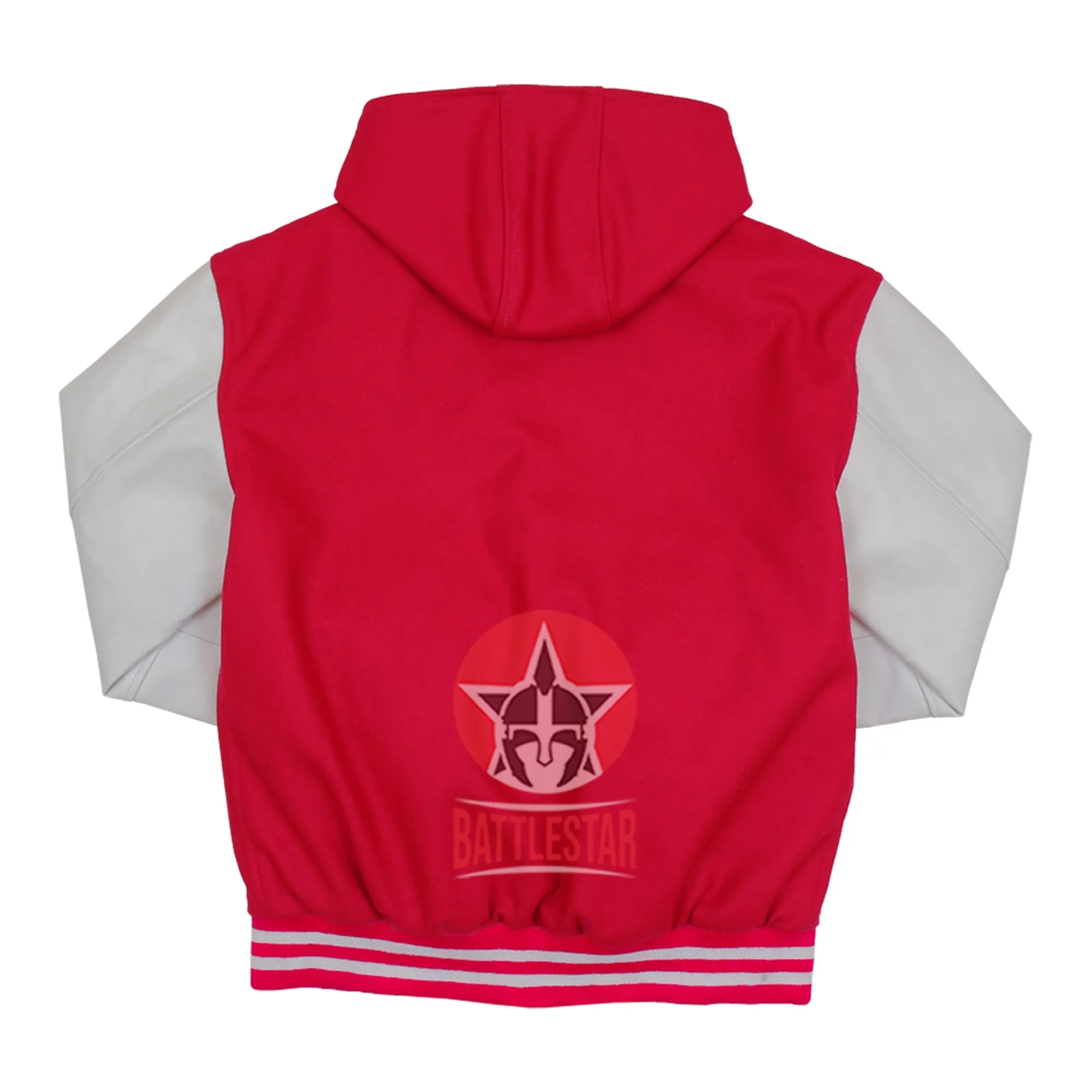 Hot Pink Wool White Leather Hooded Baseball Letterman Varsity Jacket