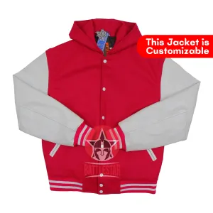 Hot Pink Wool White Leather Hooded Baseball Letterman Varsity Jacket
