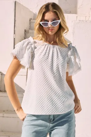 Jacquard Ruffle Sleeve Blouse in White