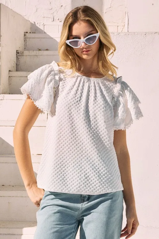 Jacquard Ruffle Sleeve Blouse in White