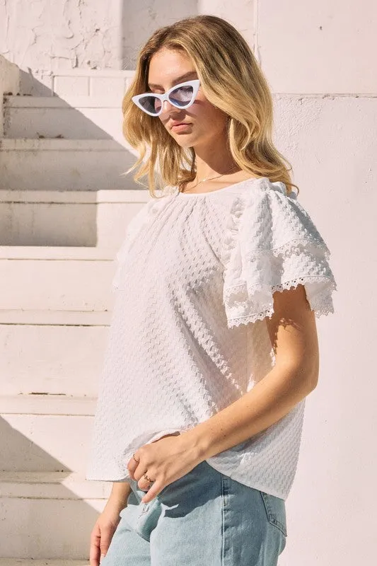 Jacquard Ruffle Sleeve Blouse in White