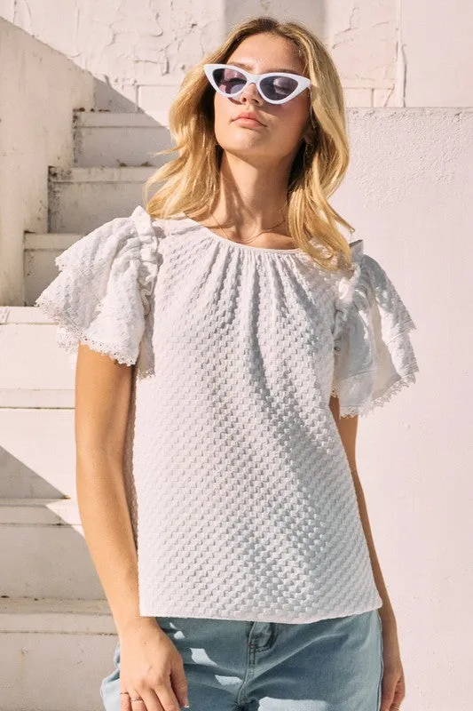 Jacquard Ruffle Sleeve Blouse in White