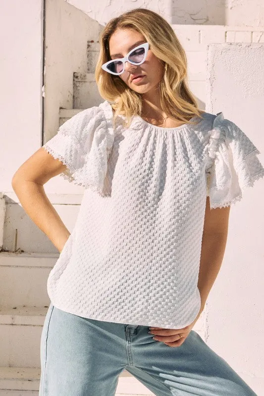 Jacquard Ruffle Sleeve Blouse in White