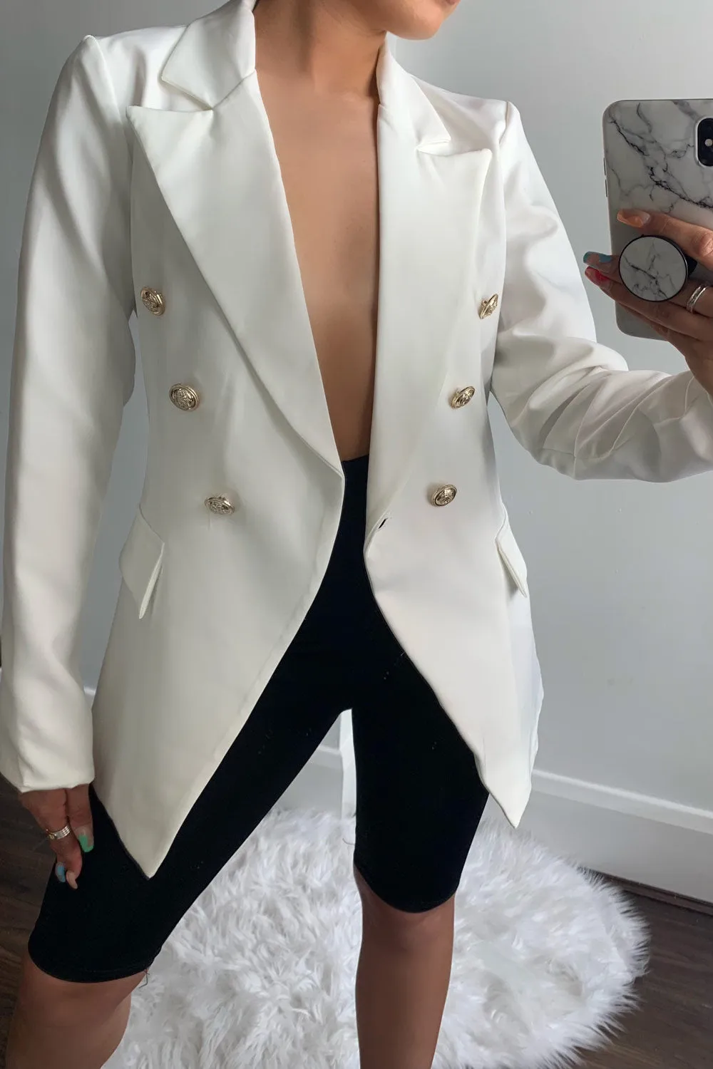 Kylie White Tailored Button Detail Blazer