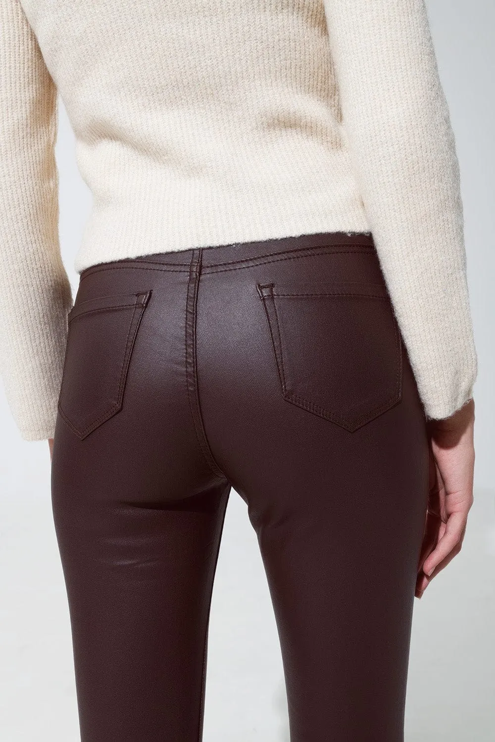 Leatherette Effect Super Skinny Pants In Dark Brown