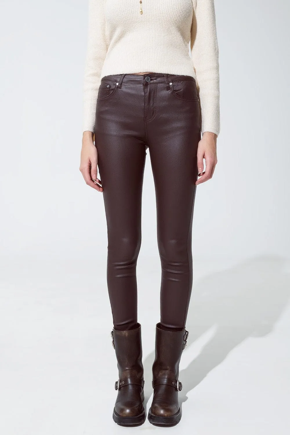 Leatherette Effect Super Skinny Pants In Dark Brown