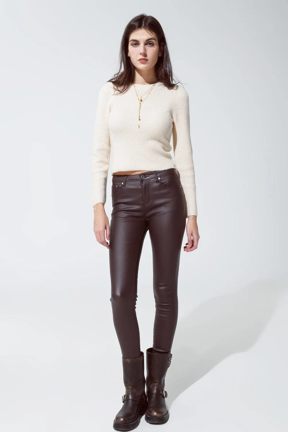 Leatherette Effect Super Skinny Pants In Dark Brown