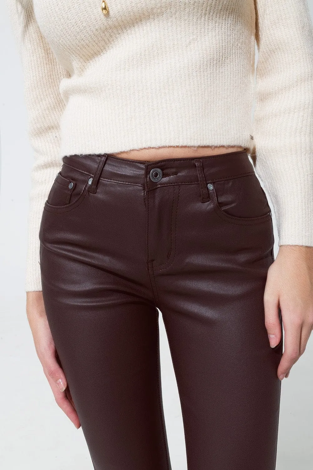 Leatherette Effect Super Skinny Pants In Dark Brown