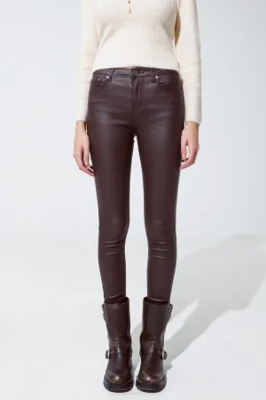 Leatherette Effect Super Skinny Pants In Dark Brown
