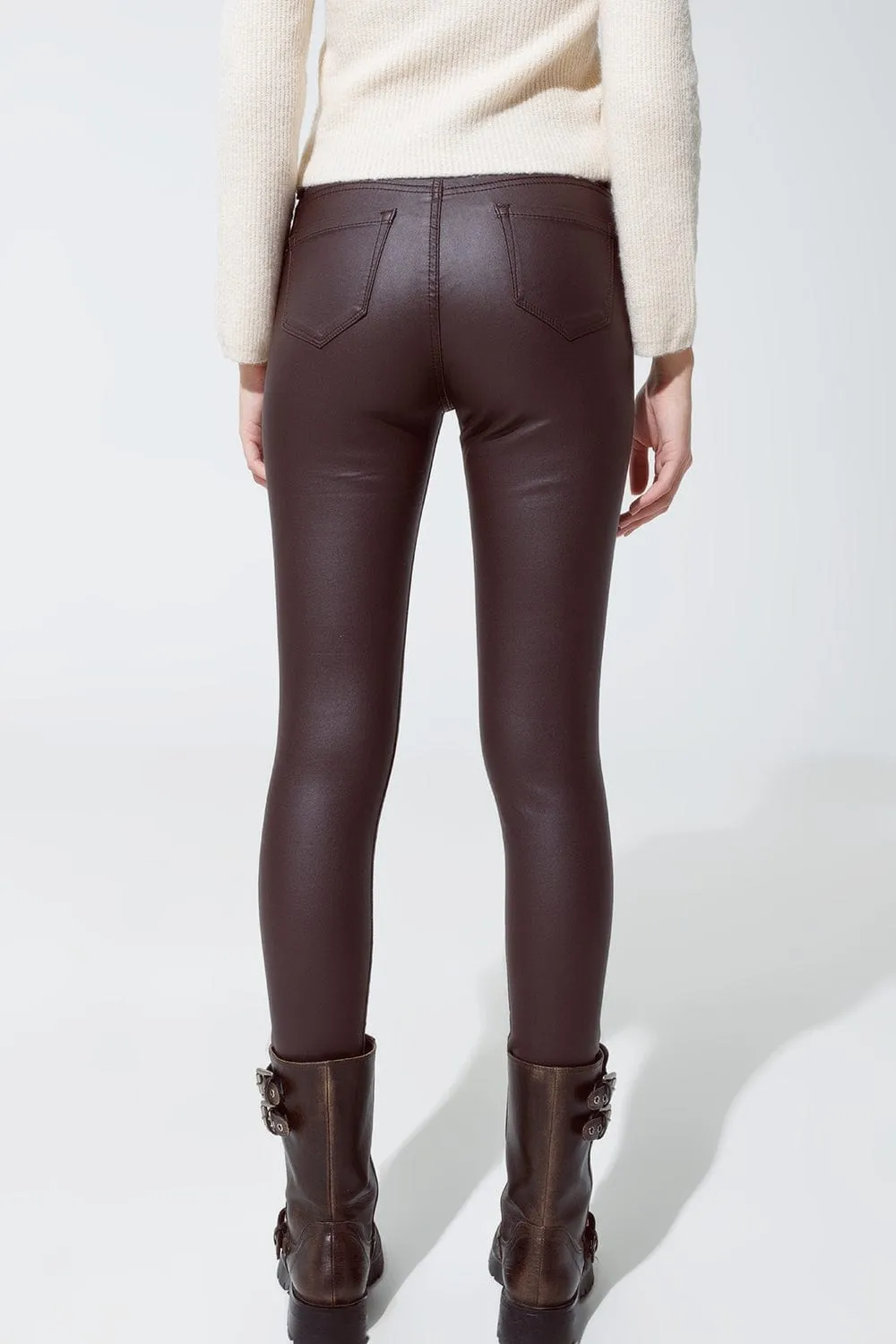Leatherette Effect Super Skinny Pants In Dark Brown