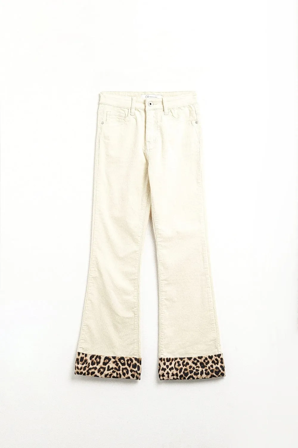 Light Beige Corduroy Flare Pants With Leopard Print At The Bottom