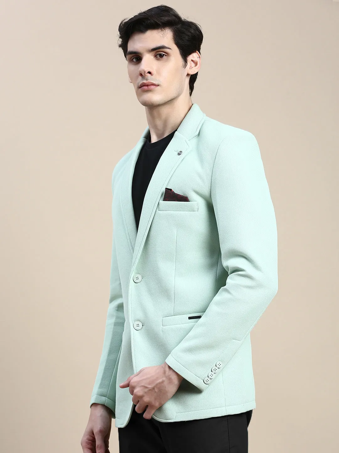 Men Green Notched Lapel Collar Single Breasted Slim-Fit Casual Blazer