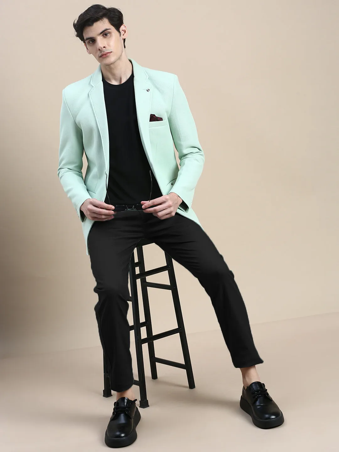 Men Green Notched Lapel Collar Single Breasted Slim-Fit Casual Blazer