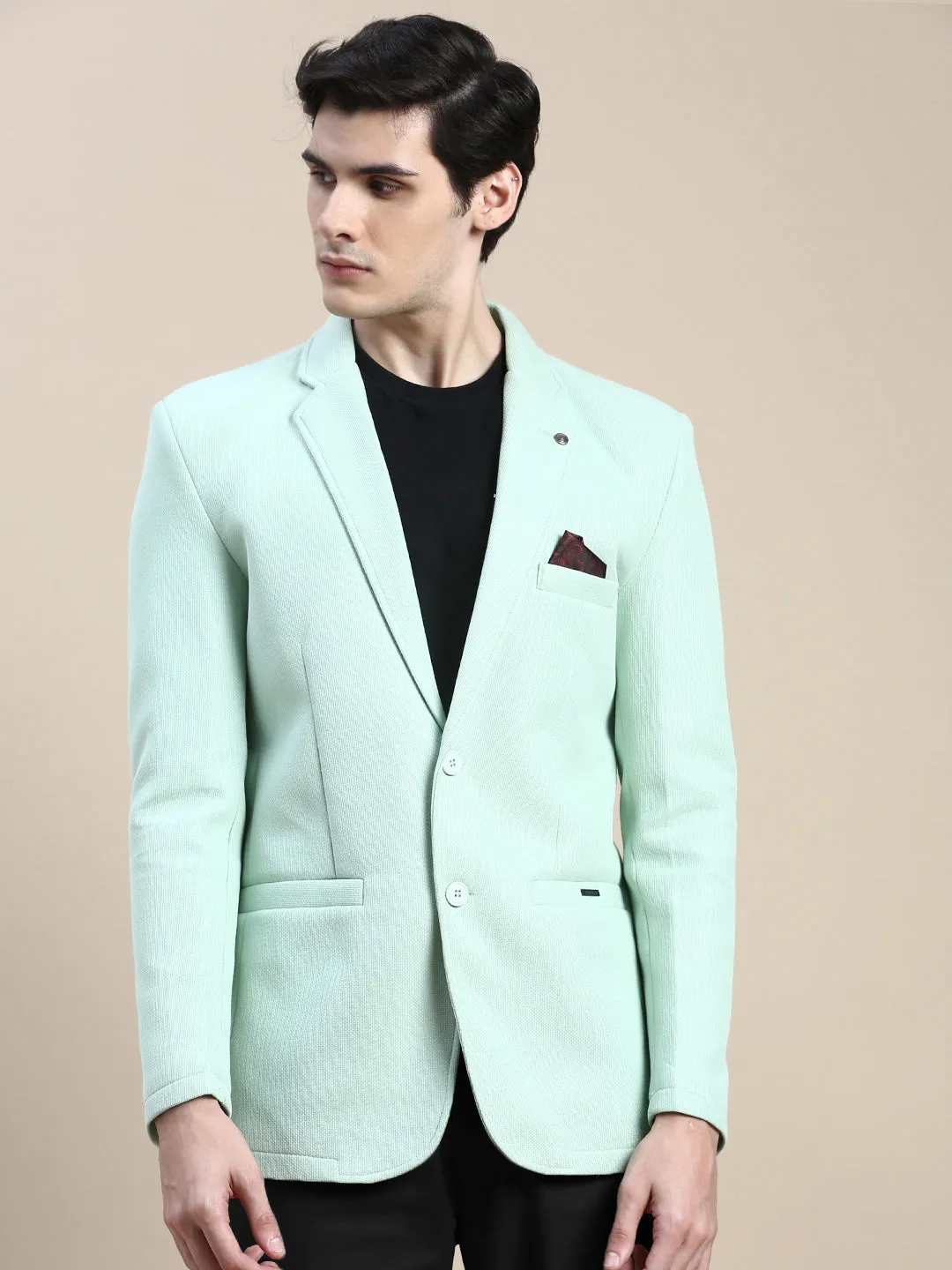 Men Green Notched Lapel Collar Single Breasted Slim-Fit Casual Blazer