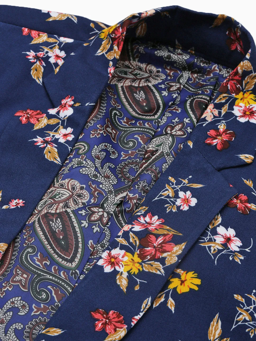 Men Navy Blue Slim-Fit Floral Printed Chambray Notched Lapel Single Breasted Blazer