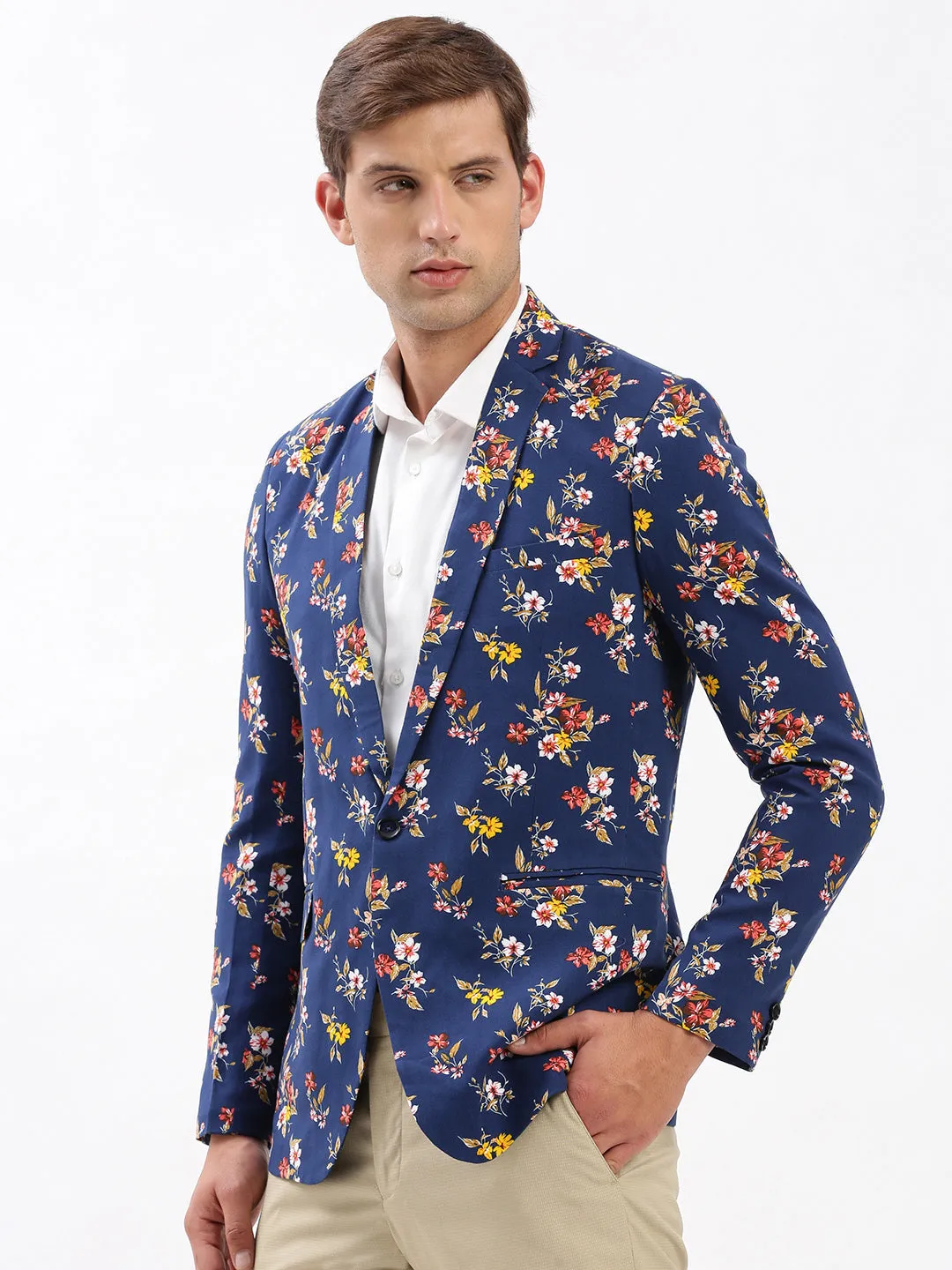 Men Navy Blue Slim-Fit Floral Printed Chambray Notched Lapel Single Breasted Blazer