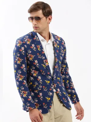 Men Navy Blue Slim-Fit Floral Printed Chambray Notched Lapel Single Breasted Blazer