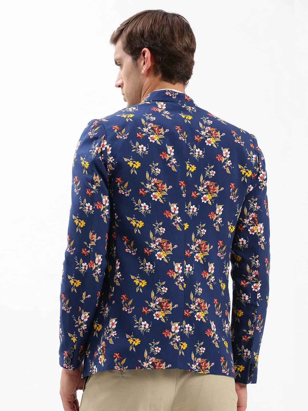 Men Navy Blue Slim-Fit Floral Printed Chambray Notched Lapel Single Breasted Blazer