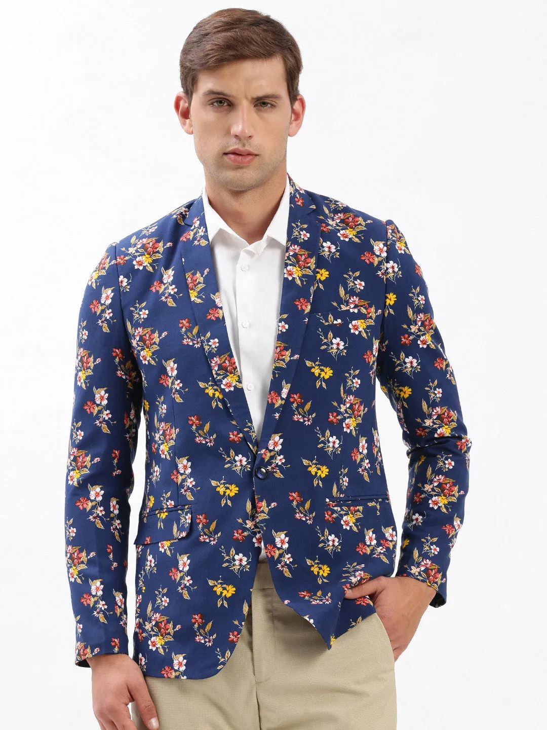 Men Navy Blue Slim-Fit Floral Printed Chambray Notched Lapel Single Breasted Blazer