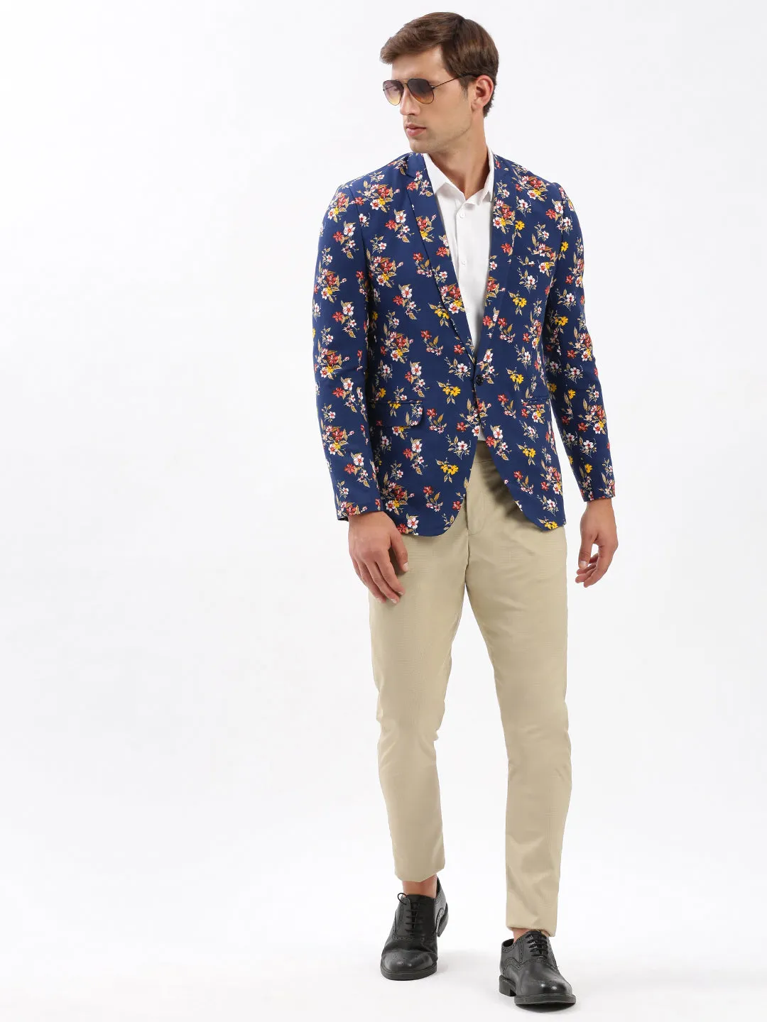 Men Navy Blue Slim-Fit Floral Printed Chambray Notched Lapel Single Breasted Blazer