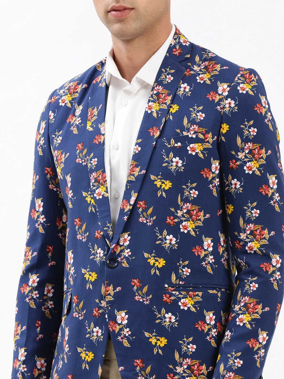 Men Navy Blue Slim-Fit Floral Printed Chambray Notched Lapel Single Breasted Blazer